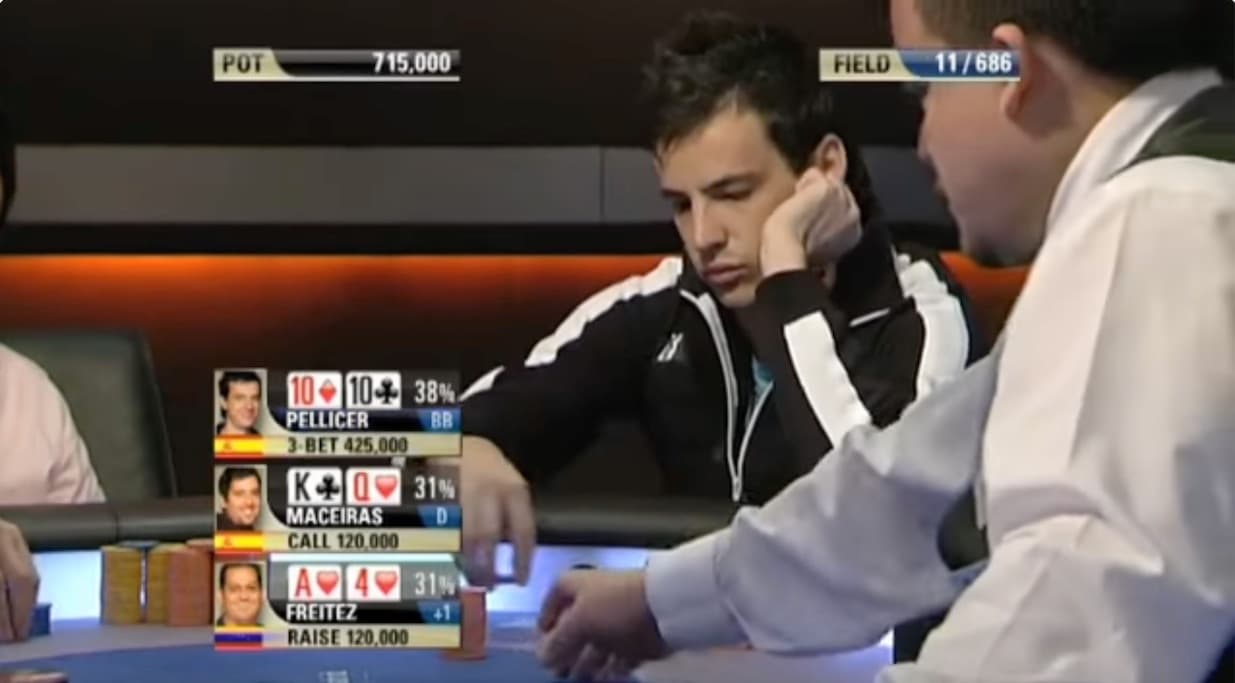 Pedro Pellicer at the poker table. The broadcast shows eleven players remaining from a field of 686.